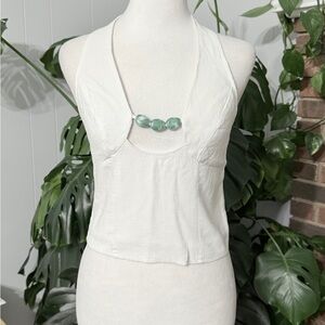 #1) White Sleeveless Top with Green Beaded Detail